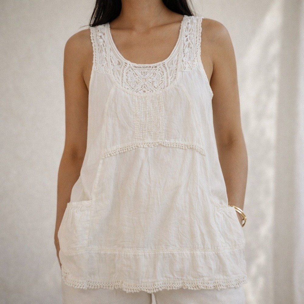 Hippie Laundry White Crochet Lace Trim Mini Dress Tunic‎ – Cotton, Size M READ